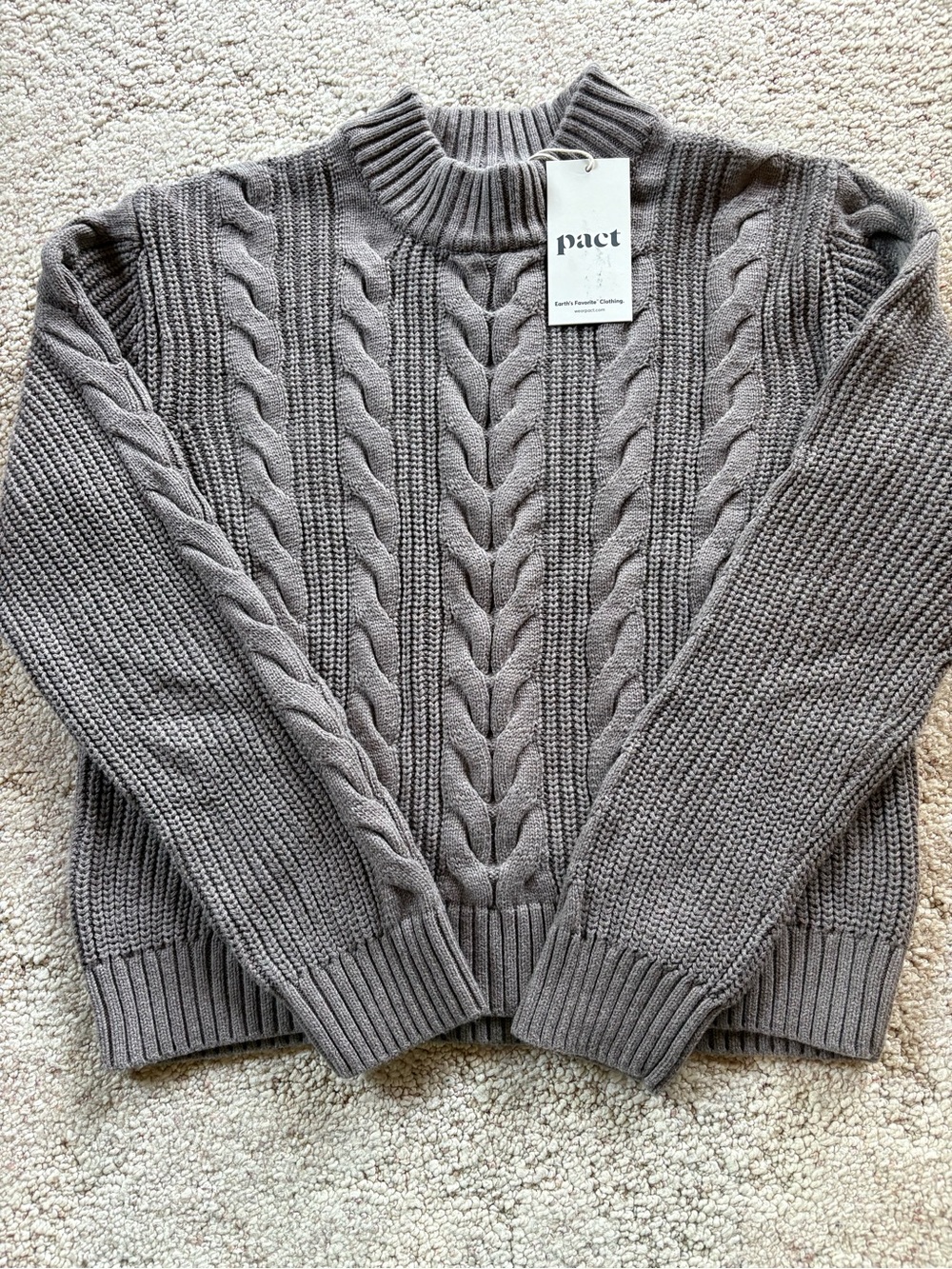 Pact Taupe Cable Knit Crew Neck Sweater